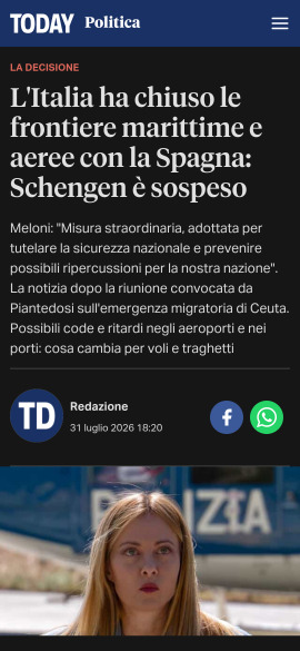 Today.it — L'Italia ha chiuso le frontiere marittime e aeree con la Spagna: Schengen è sospeso